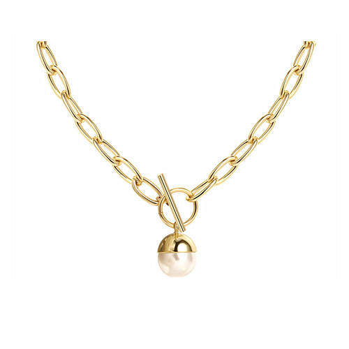 Women fine jewelry chunky chain pearl pendant necklace in 14K gold plating 